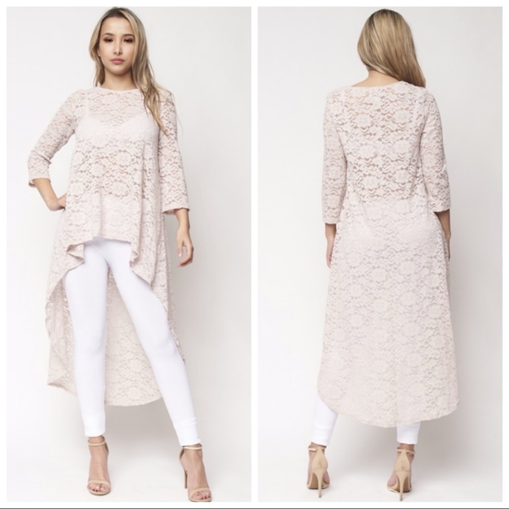 ❤️NEW S High Low Taupe Cream Lace Top - Picture 2 of 10
